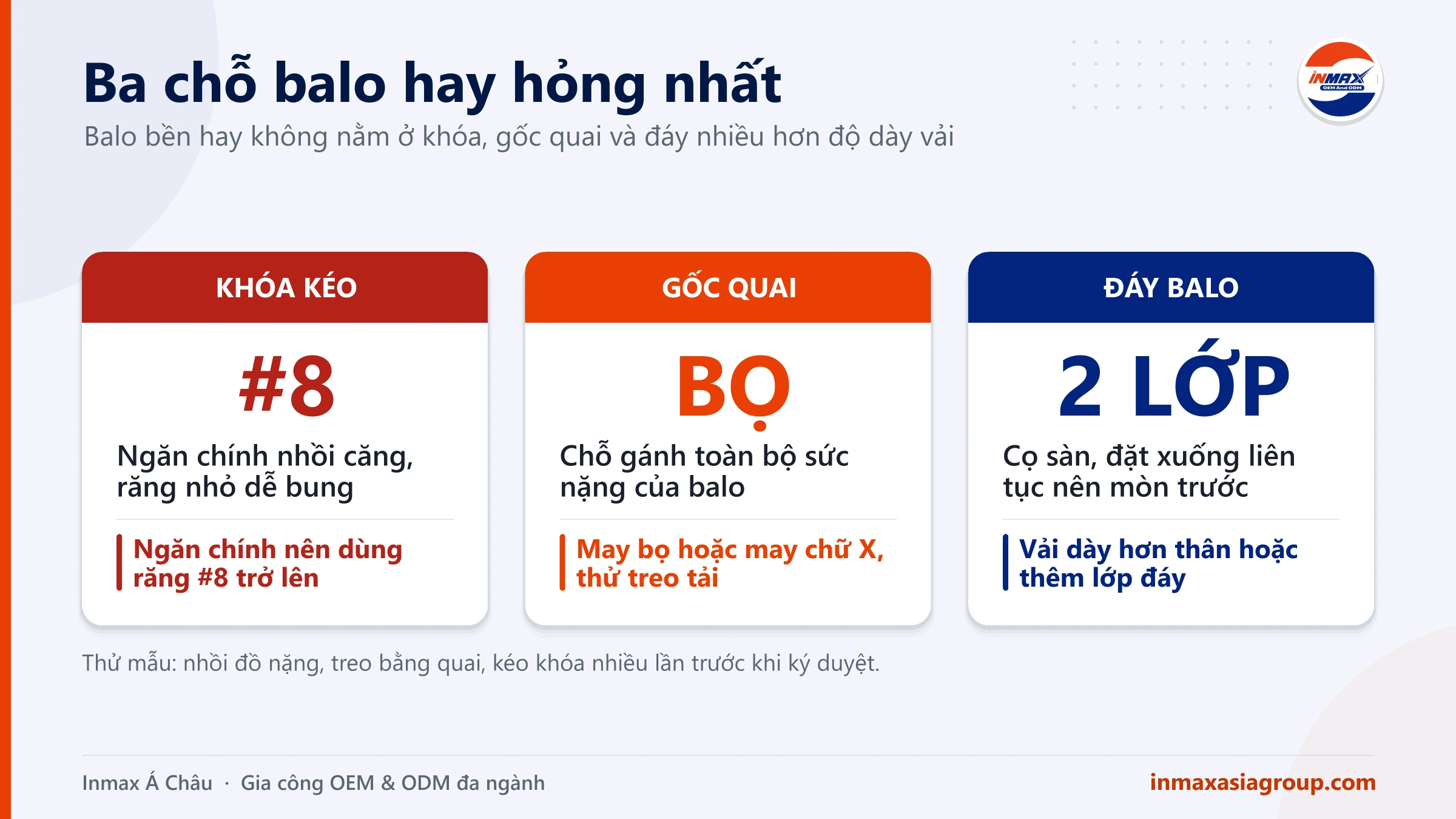 Ba chỗ hay hỏng cần chú ý khi gia công balo: khóa kéo, gốc quai đeo và đáy
